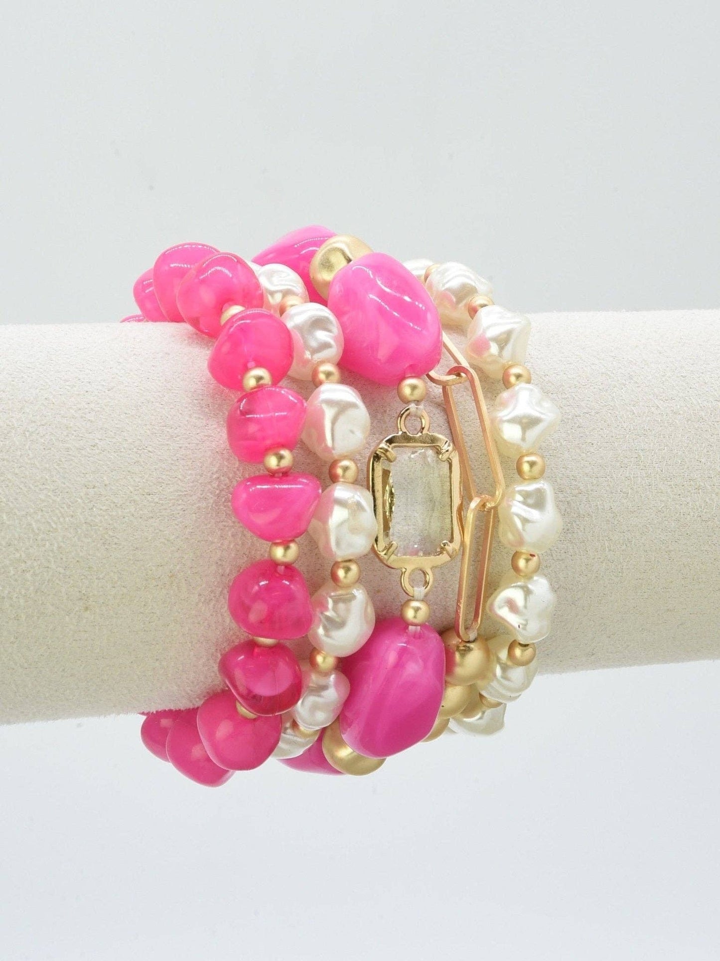 Hot Pink, Pearl + Gold Statement Bracelet Stack of 5