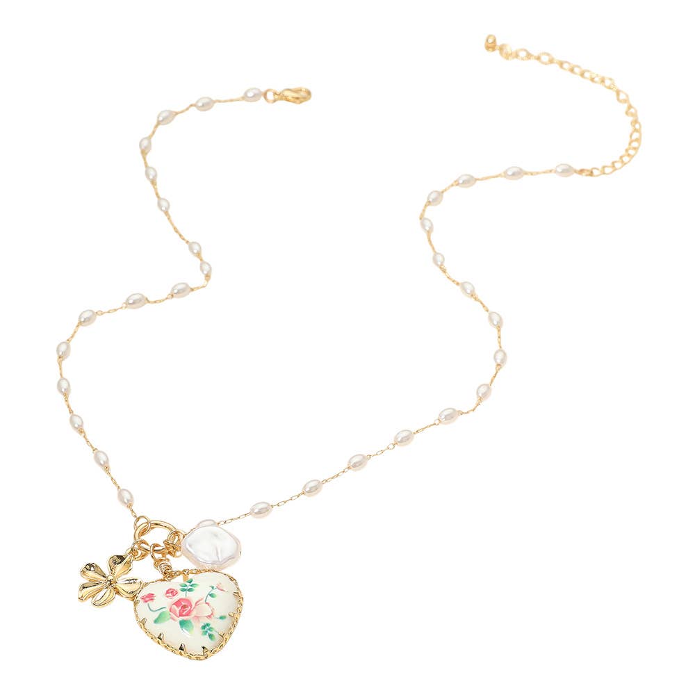 Blush Garden Heart Pearl Charm Necklace