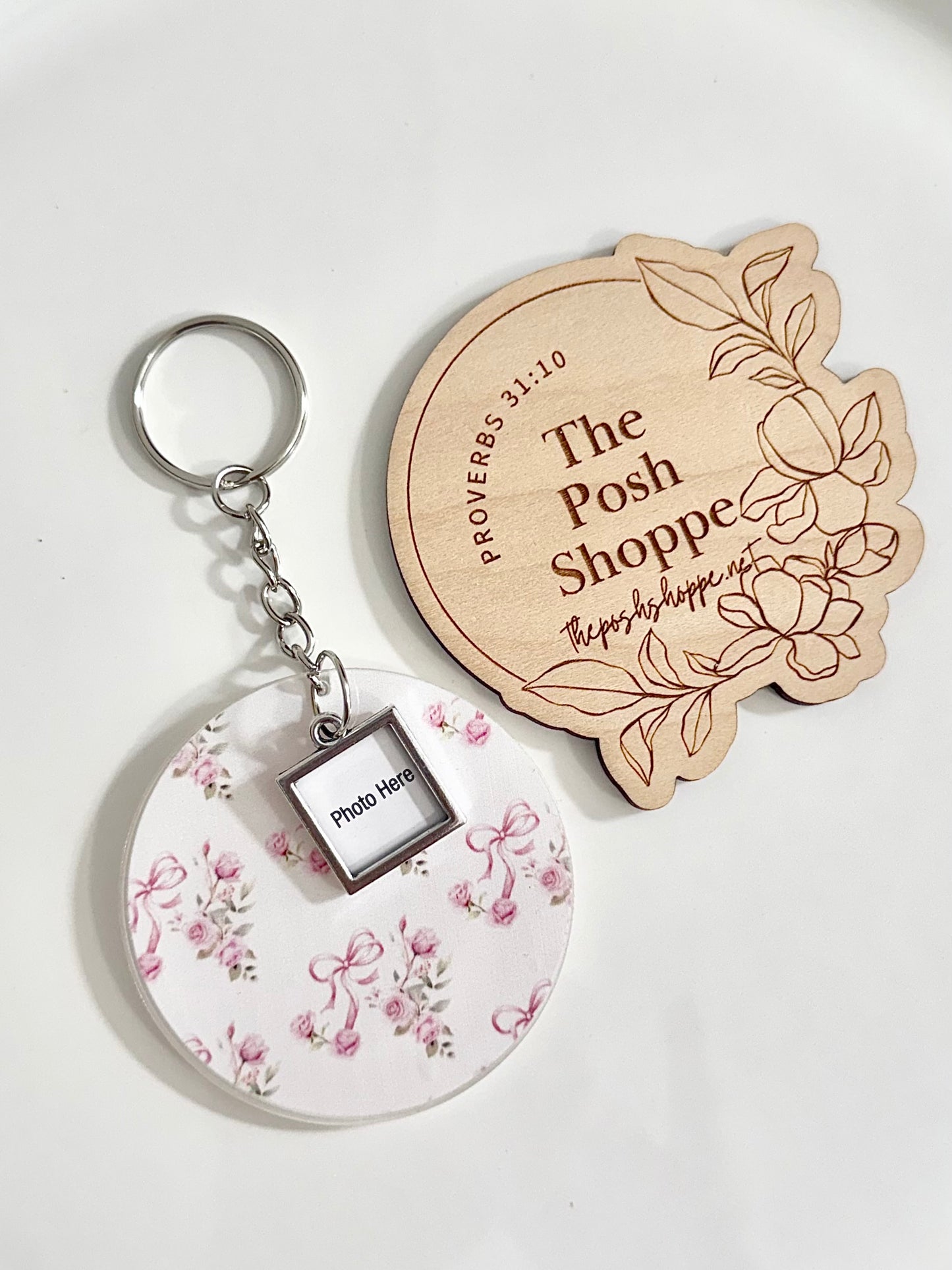 Pink Floral Photo Charm Keychain