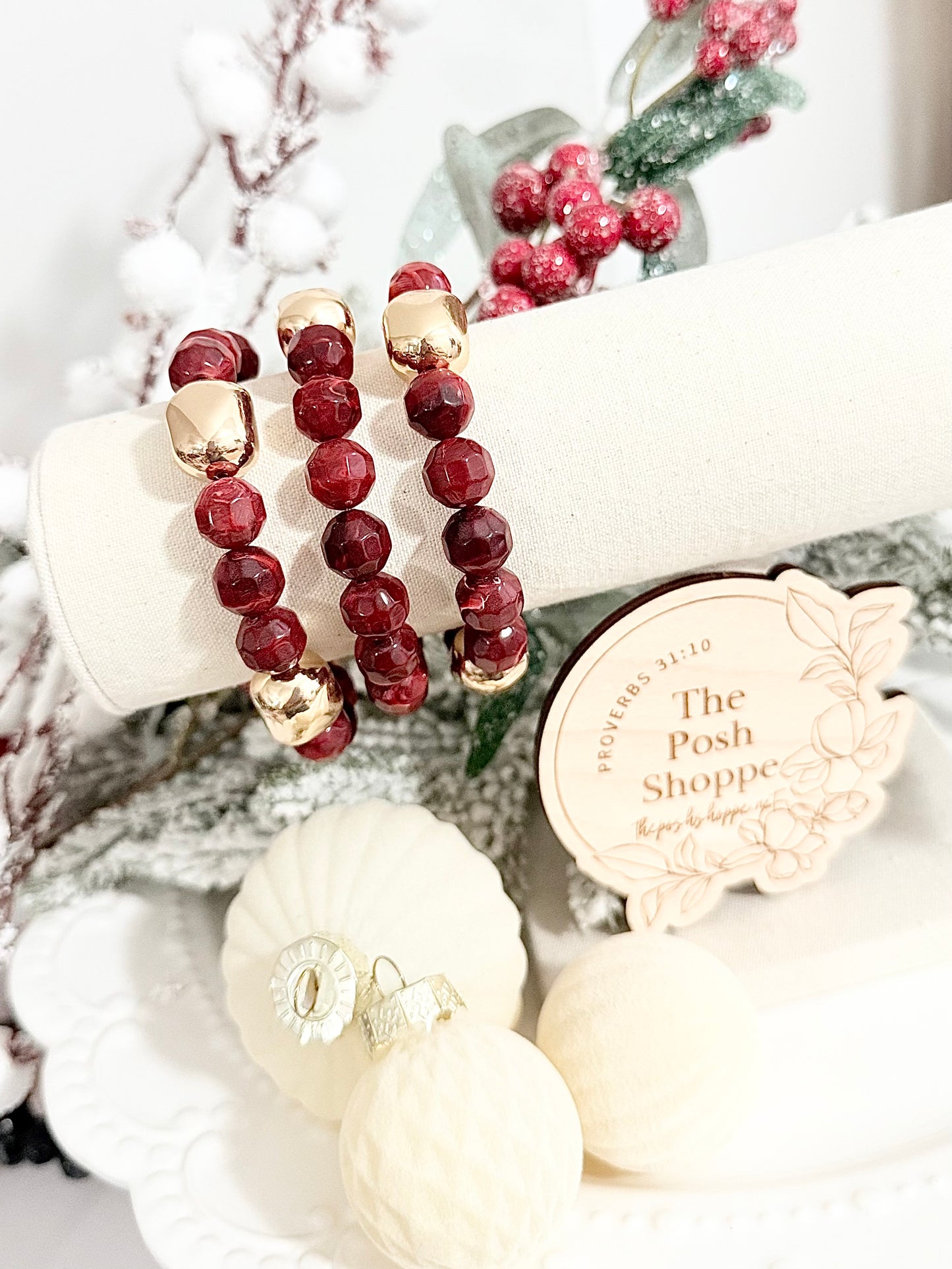 Cranberry + Gold Holiday Bracelet Stack