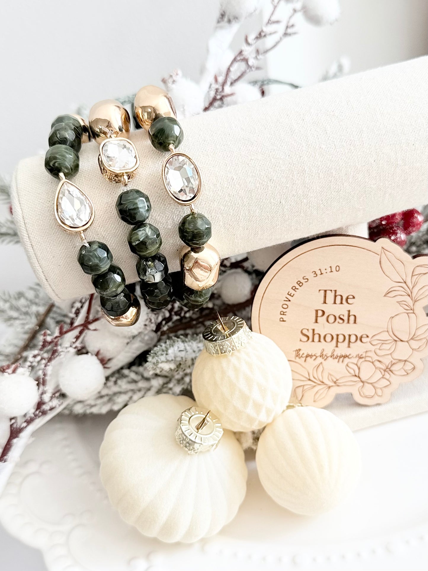 Chic Olive Green + Gold Bauble Stack with Crystals