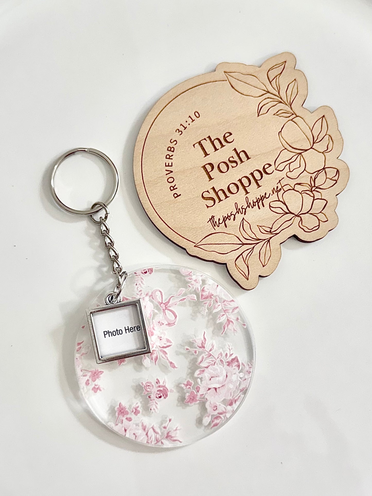 Pink Floral Photo Charm Keychain