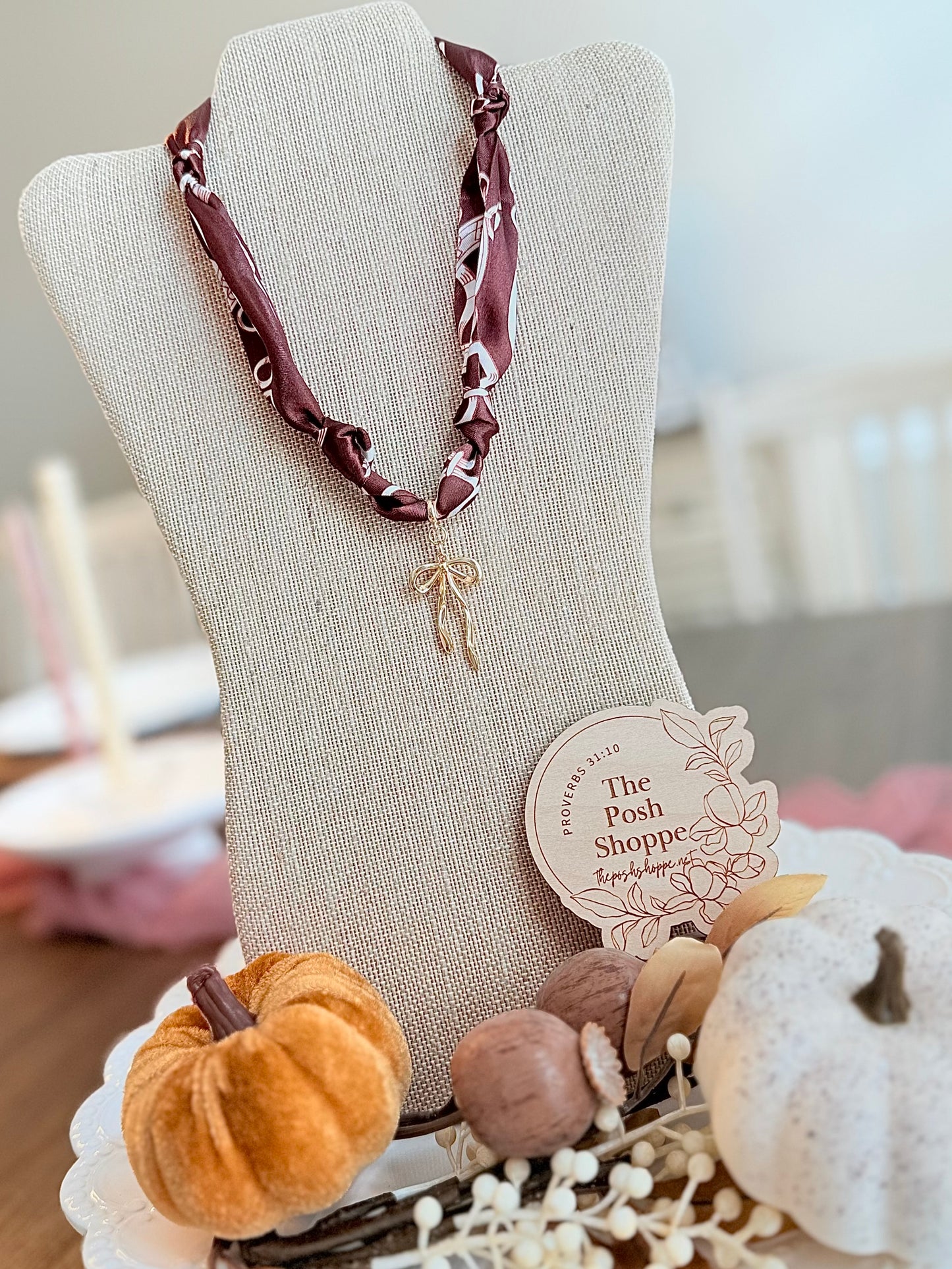 Gold Bow Chocolate Brown Scarf Necklace