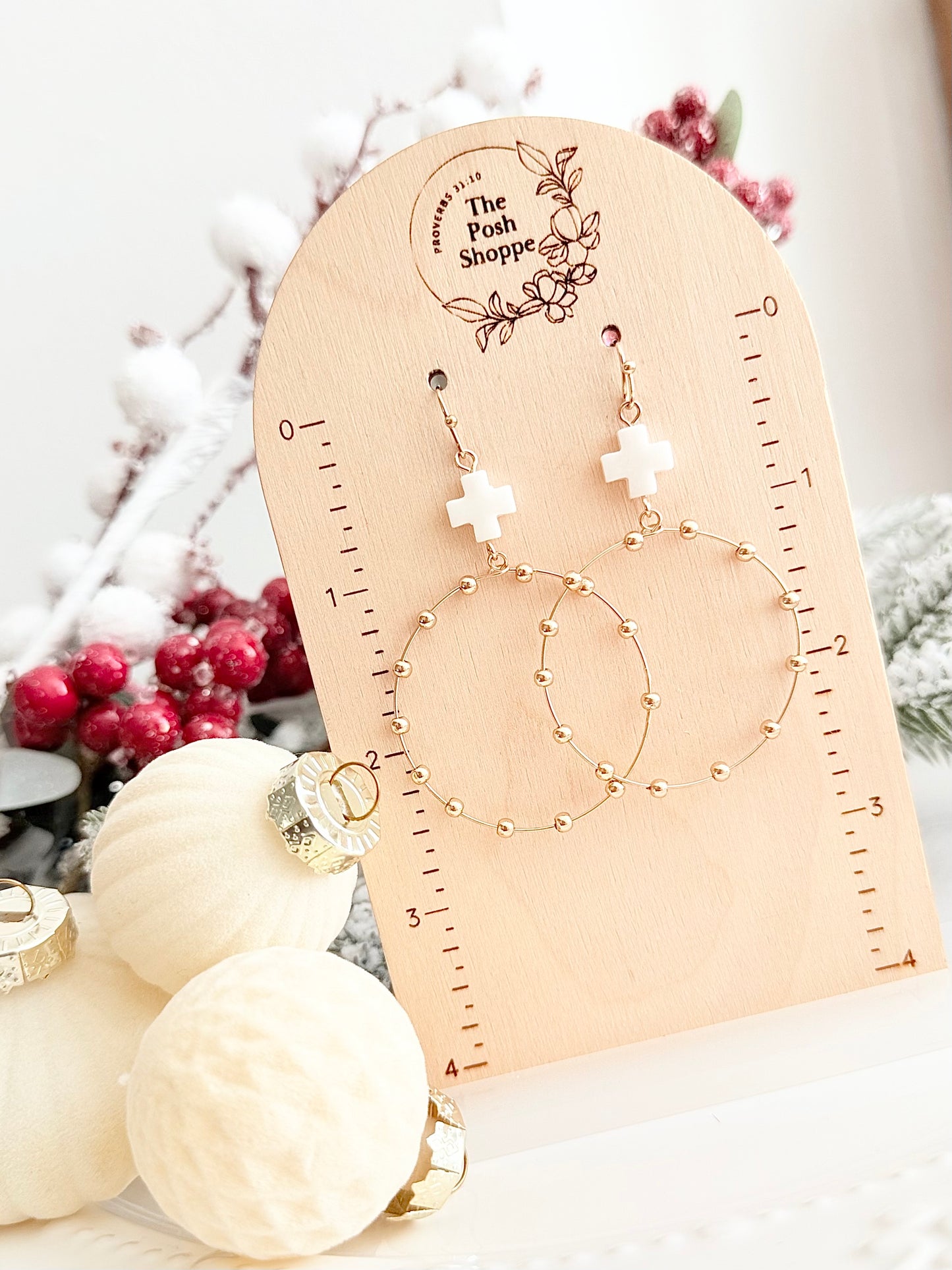 White Cross + Gold Dotted Teardrop Hoop Dangles