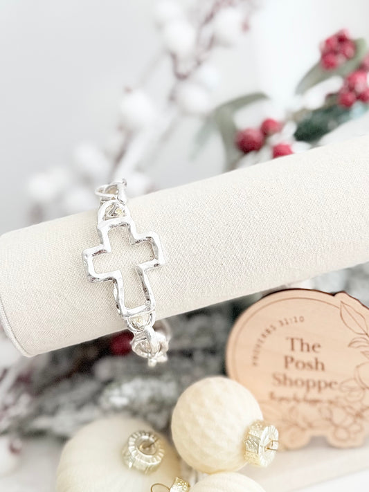Silver Hammered Link Cross Bracelet