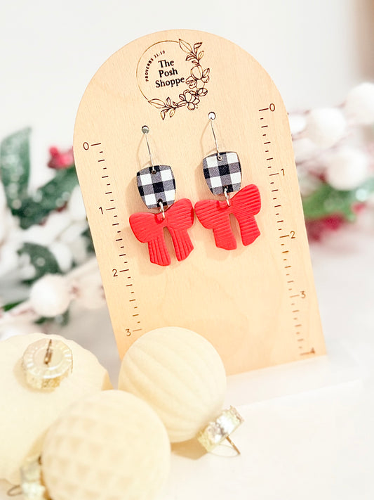 Buffalo Plaid Clay Bow Earrings