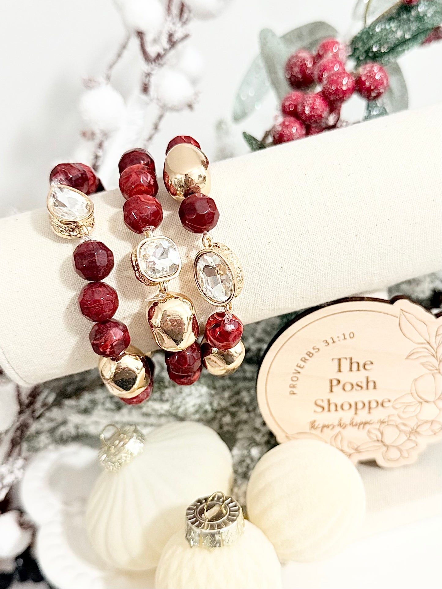 Cranberry + Gold Holiday Bracelet Stack
