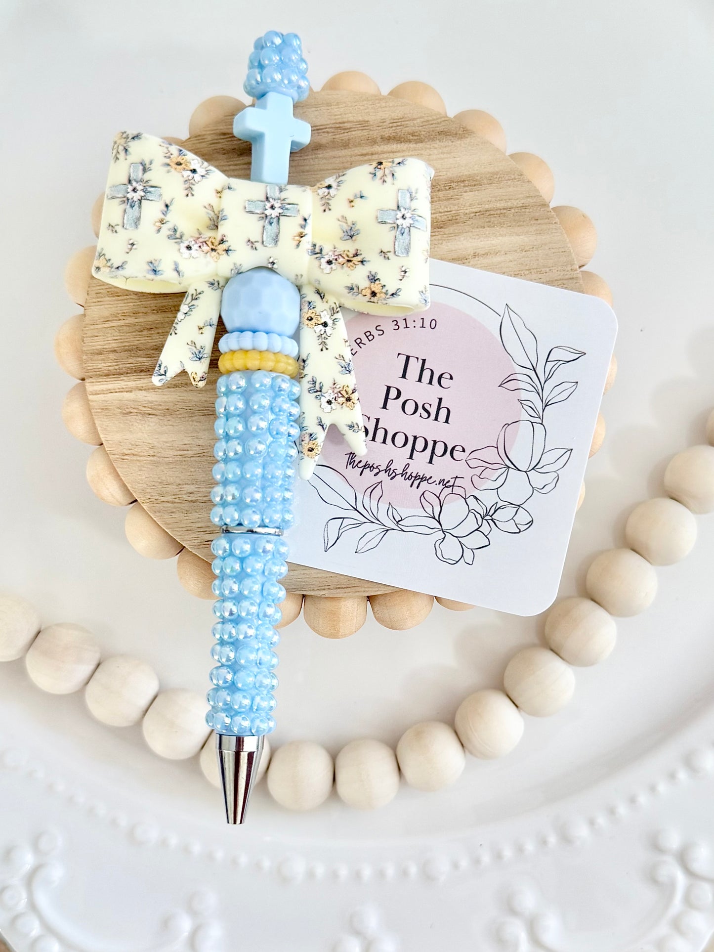 Faithful Bloom Cross Bow Beaded Pen