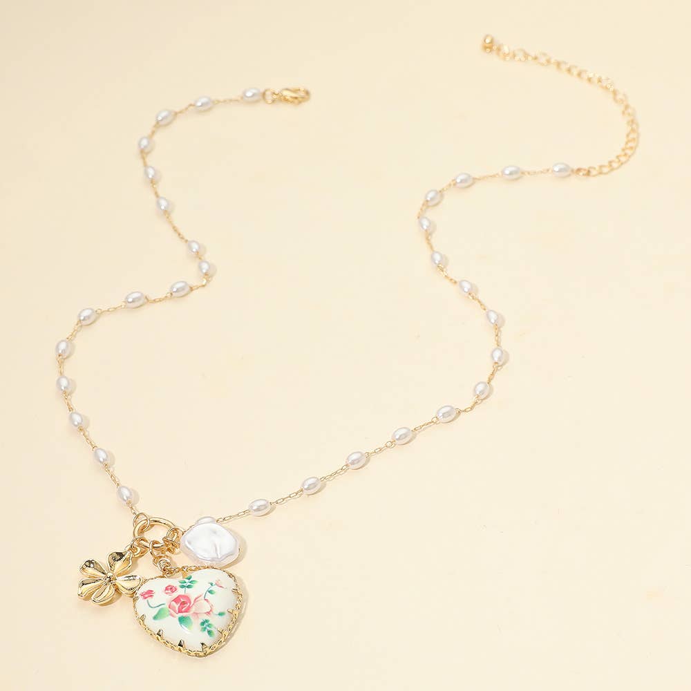 Blush Garden Heart Pearl Charm Necklace