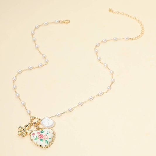 Blush Garden Heart Pearl Charm Necklace