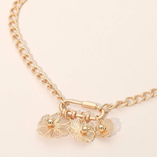 Flower Charm Carabiner Pendant Chain Necklace, Matte Gold