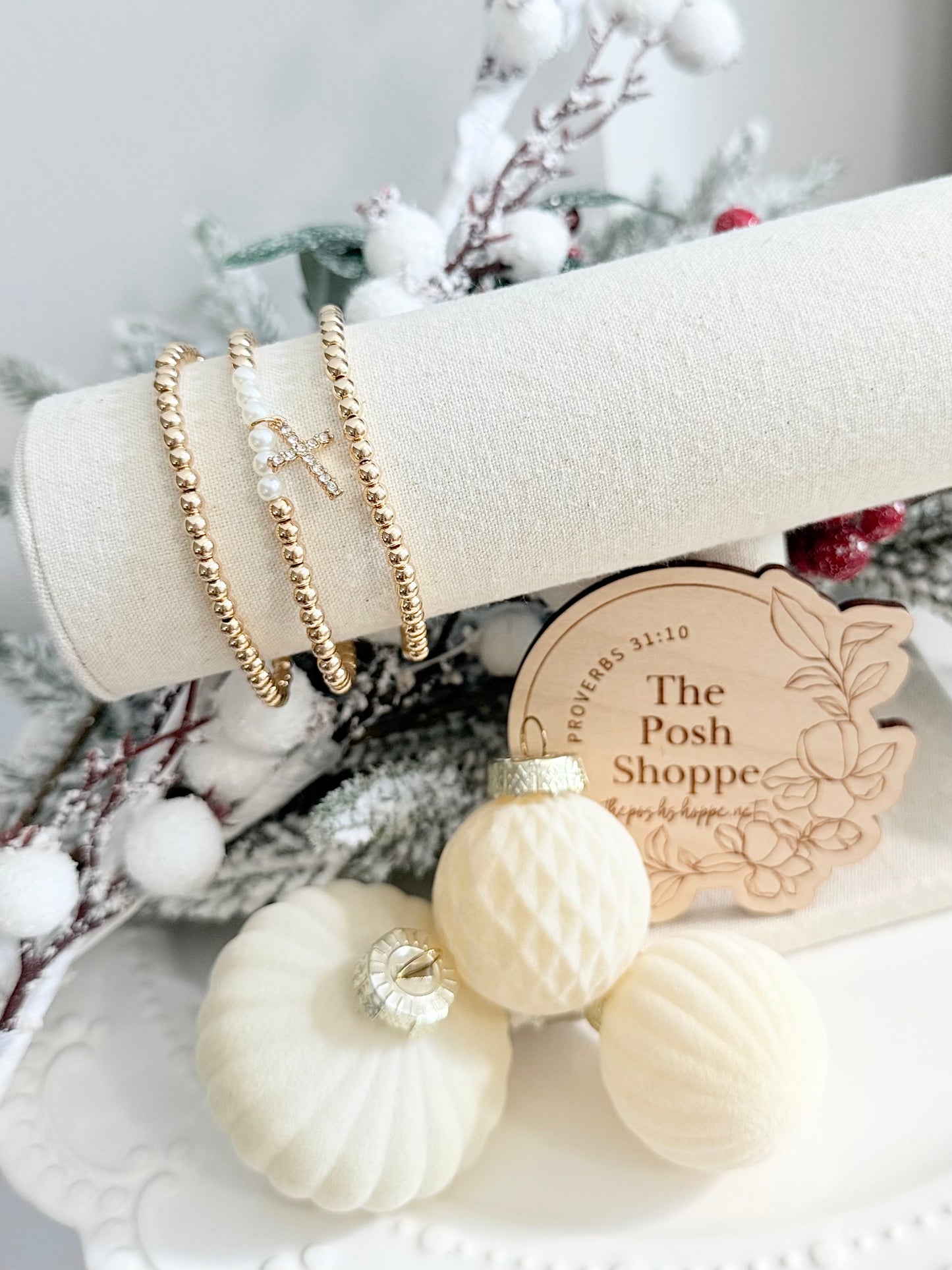 Petite Crystal Cross with Pearl + Gold Beads