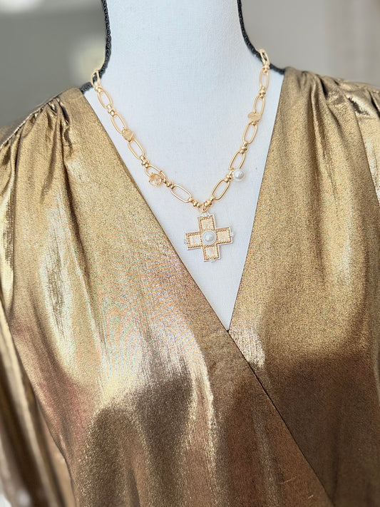 Golden Cross With Pearl Center Necklace