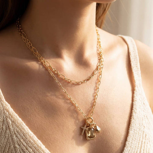 Golden Grace Cross Charm Layered Necklace