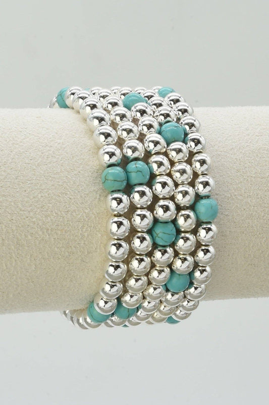 Turquoise + Silver Beaded Stretch Bracelet Stack