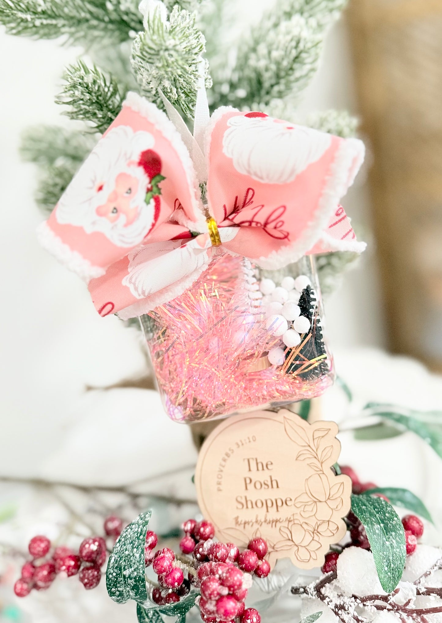 Vintage Pink Santa Snow Jar Ornament - FREE Personalization!