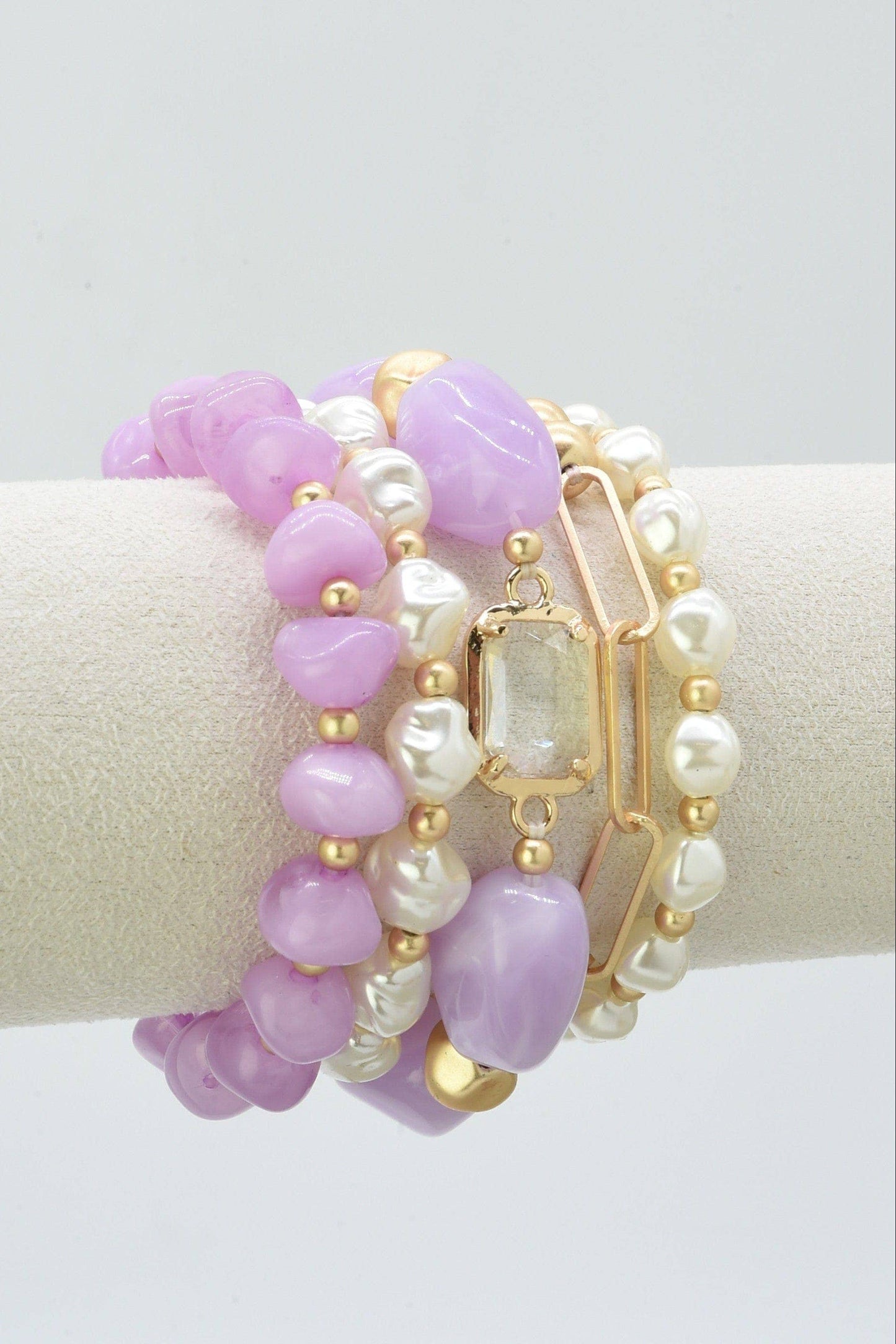 Lilac, Pearl + Gold Statement Bracelet Stack of 5