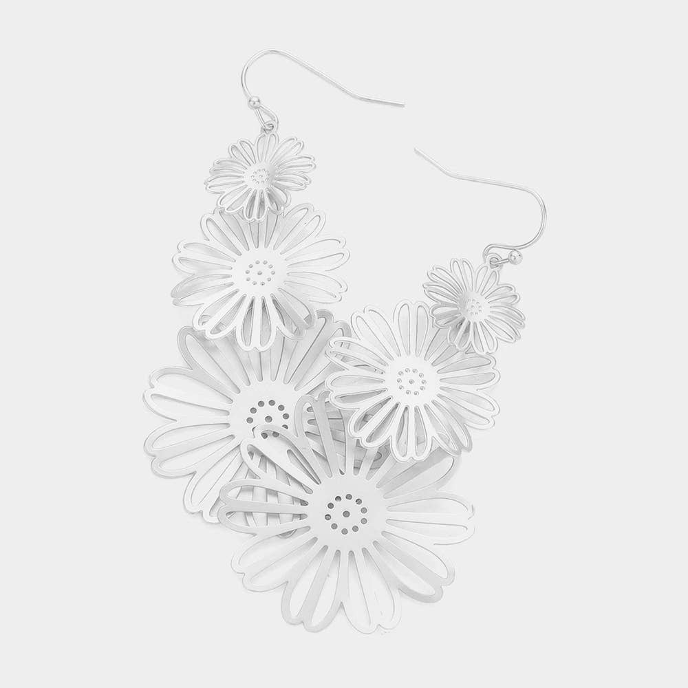 Silver Layered Floral Statement Earrings