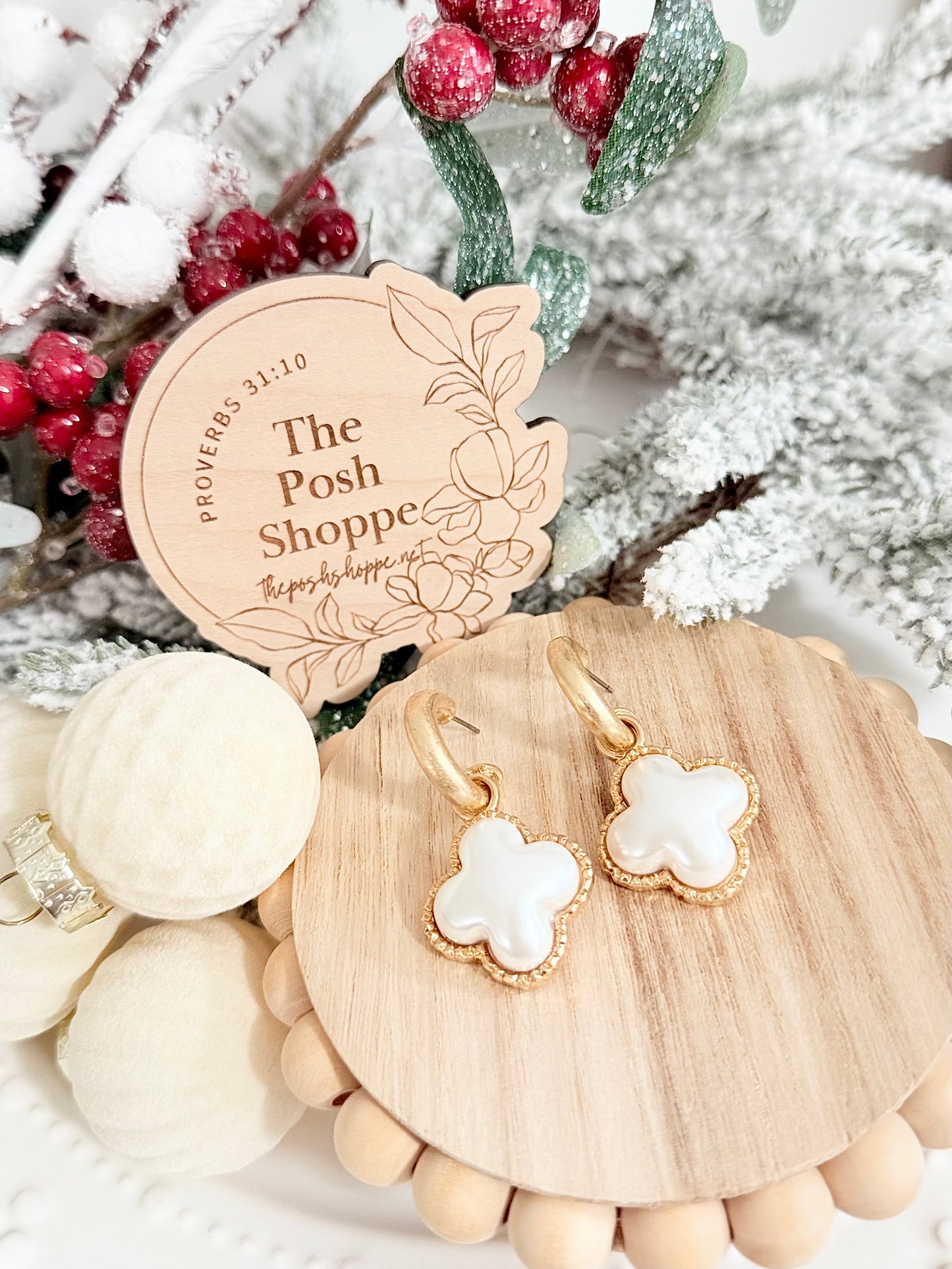 Pearl White Quatrefoil Drop Earrings