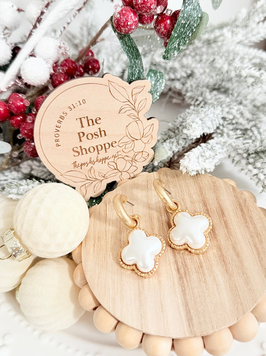 Pearl White Quatrefoil Drop Earrings