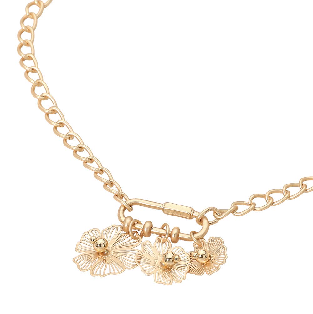 Flower Charm Carabiner Pendant Chain Necklace, Matte Gold