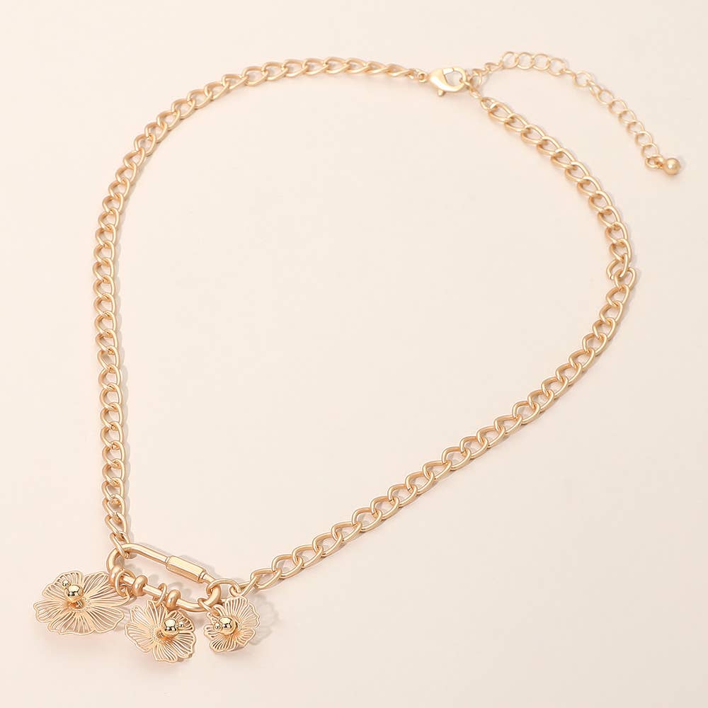 Flower Charm Carabiner Pendant Chain Necklace, Matte Gold