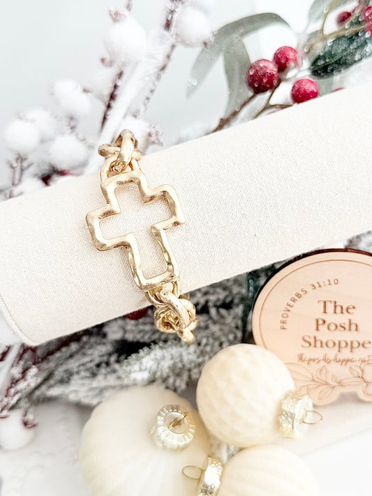 Gold Hammered Link Cross Bracelet
