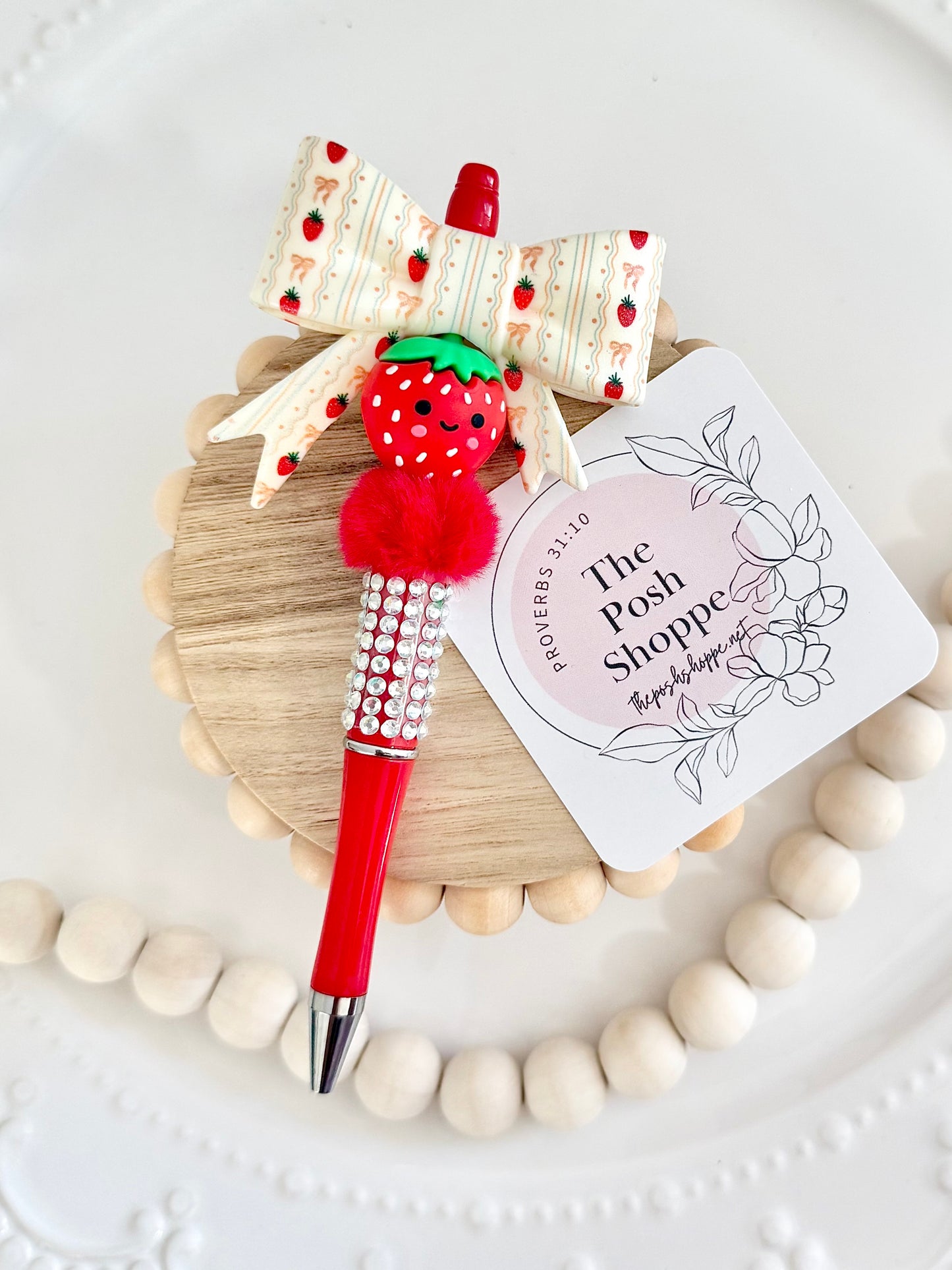 Sweet Strawberry Sparkle Bow Beaded Pen