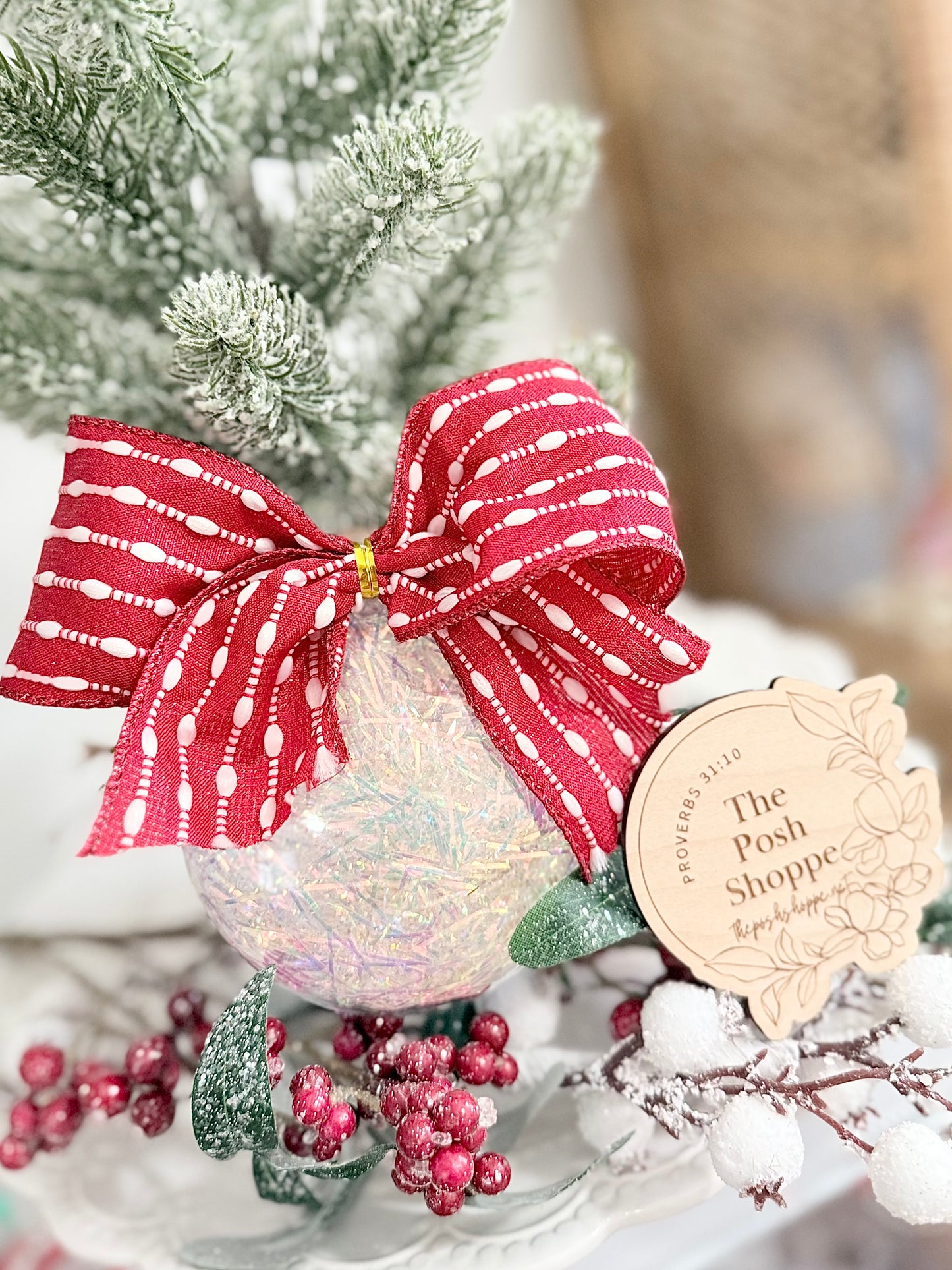 Red Peppermint Bow Shimmer Ornament - FREE Personalization!