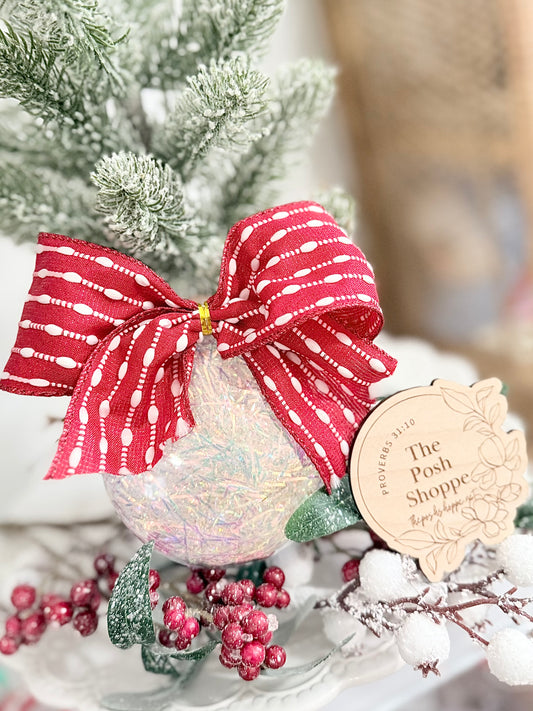 Red Peppermint Bow Shimmer Ornament - FREE Personalization!