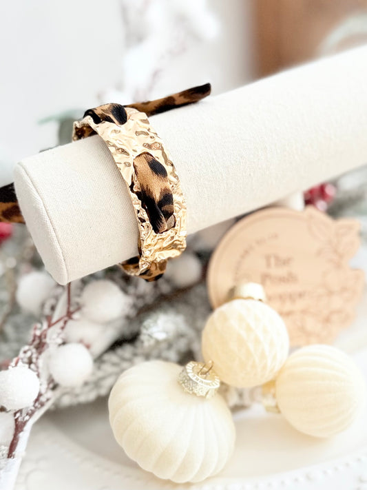 Leopard Print Hammered Cross Scarf Cuff Bracelet