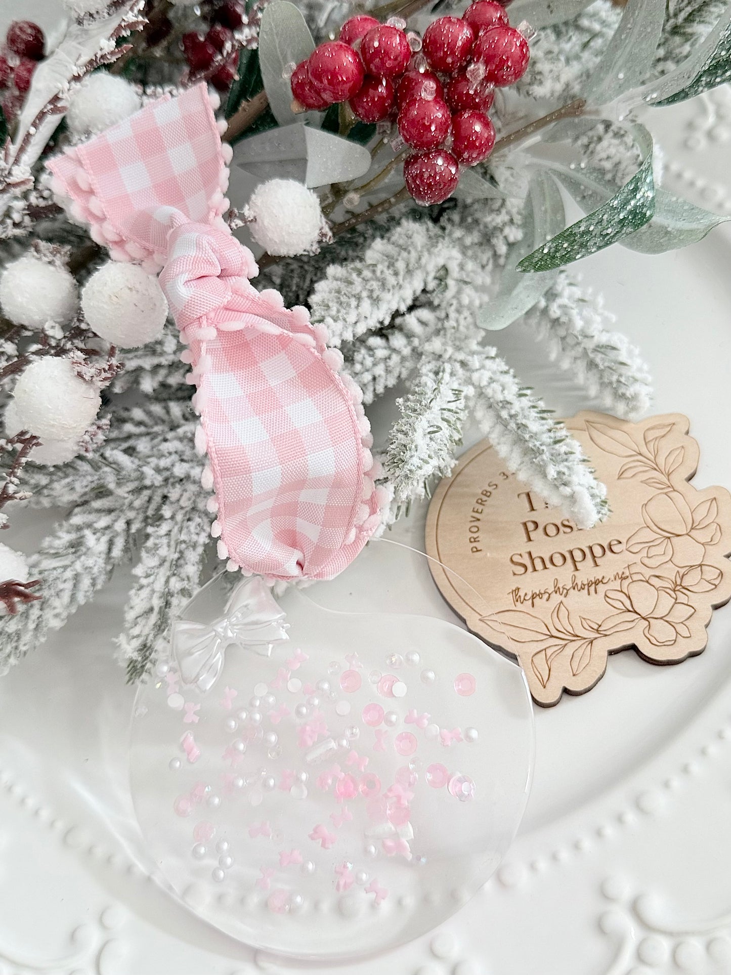 Pink gingham sprinkle ornament