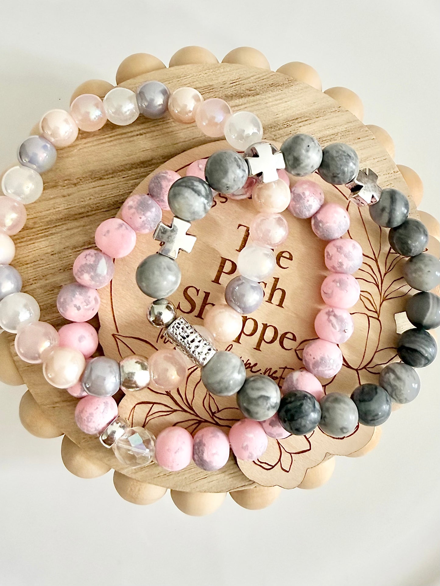 Pink + Gray Cross Bracelet Stack