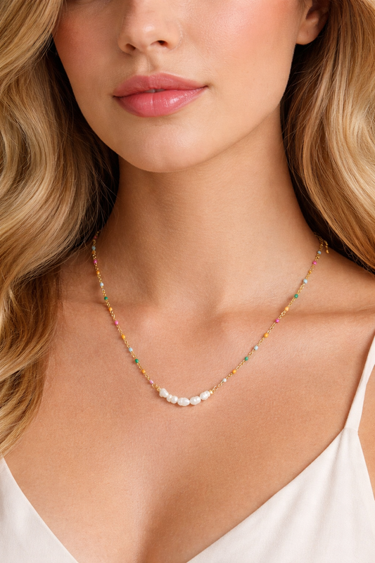 Delicate Pearl + Color Bead Station Necklace