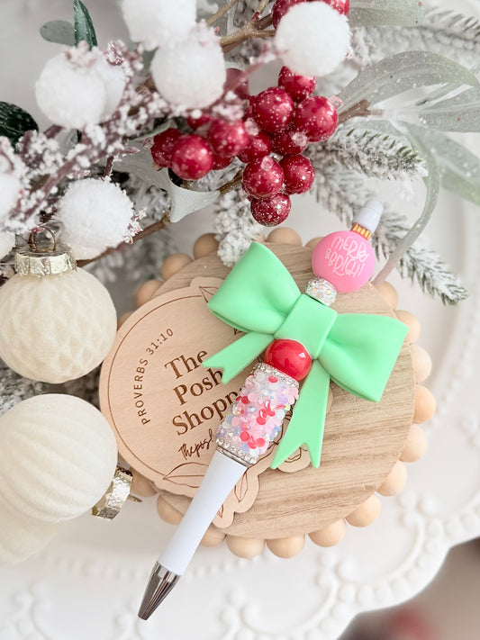 Pink Ornament+ Light Green Bow Pen
