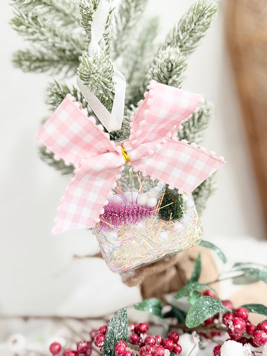 Pink Gingham Christmas Jar Ornament - FREE Personalization!