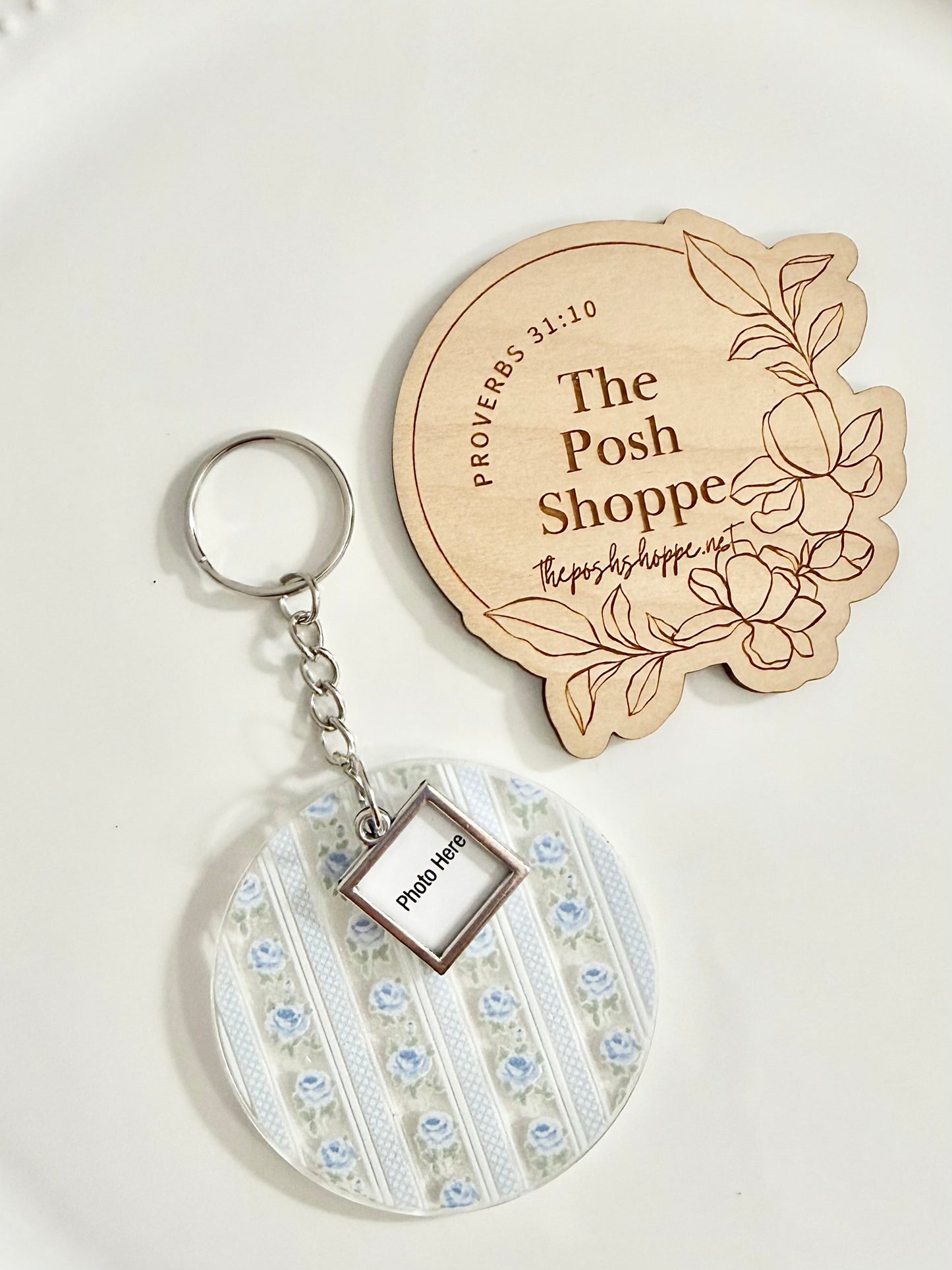 Blue Floral Photo Charm Keychain