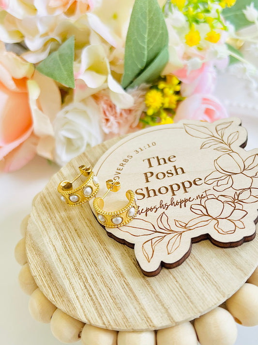 Pearl Dotted Gold Mini Hoops