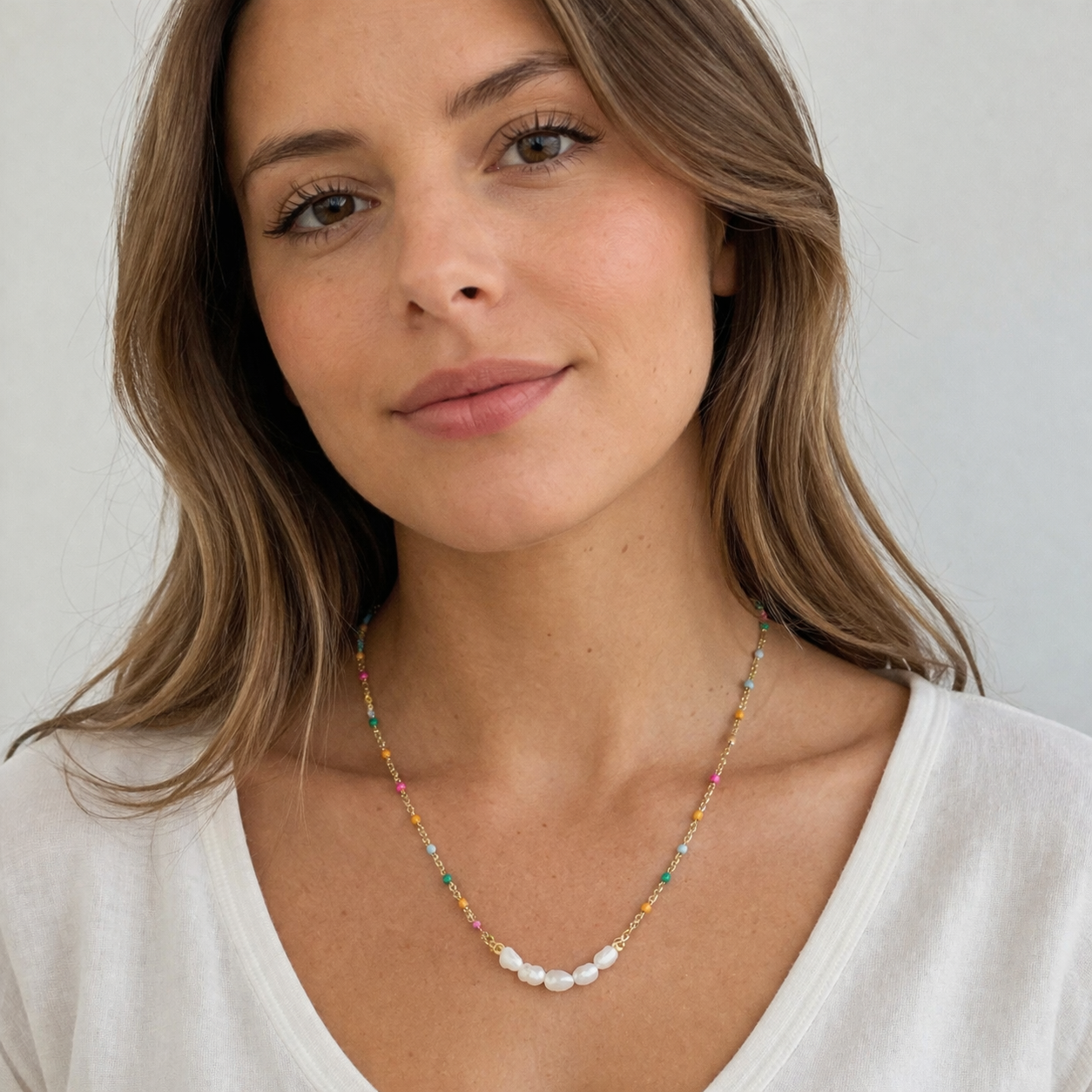 Delicate Pearl + Color Bead Station Necklace