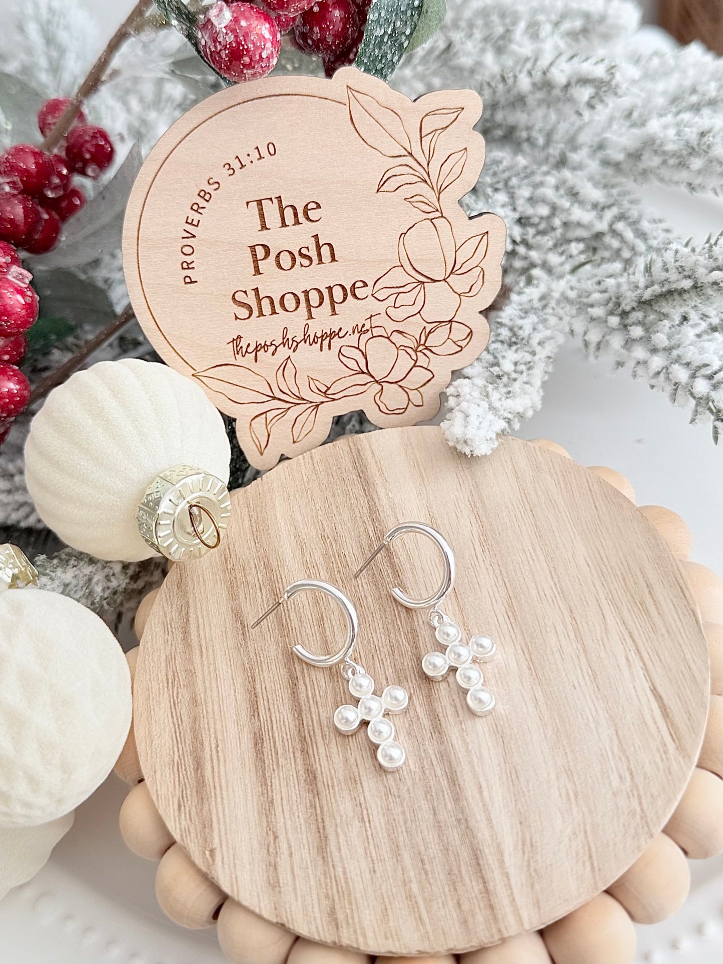 Silver Pearl Cross Hoop Earrings