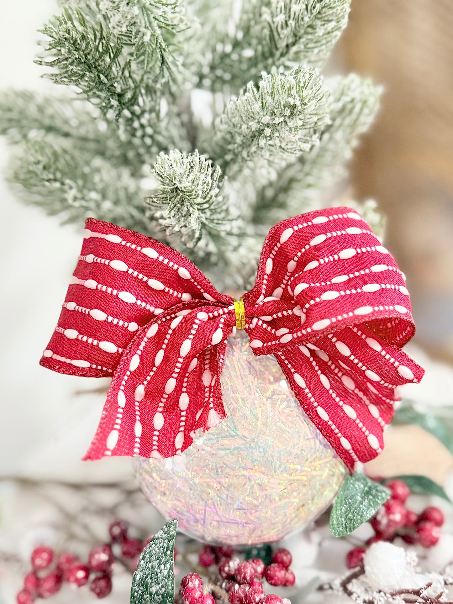 Red Peppermint Bow Shimmer Ornament - FREE Personalization!