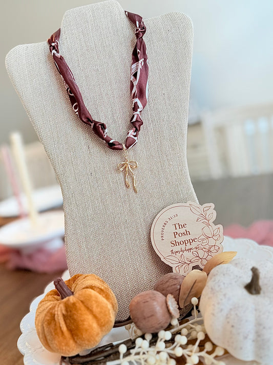 Gold Bow Chocolate Brown Scarf Necklace
