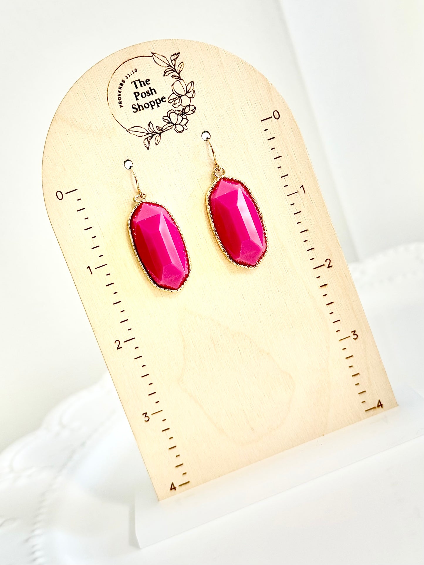 Dark Hot Pink Hexagon Drop Earrings