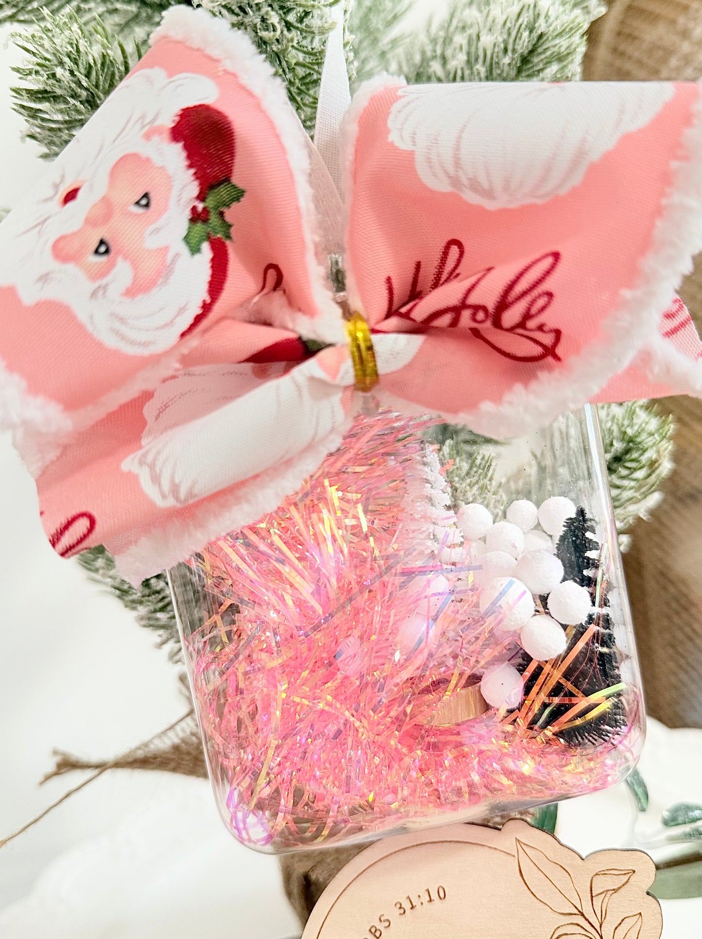 Vintage Pink Santa Snow Jar Ornament - FREE Personalization!