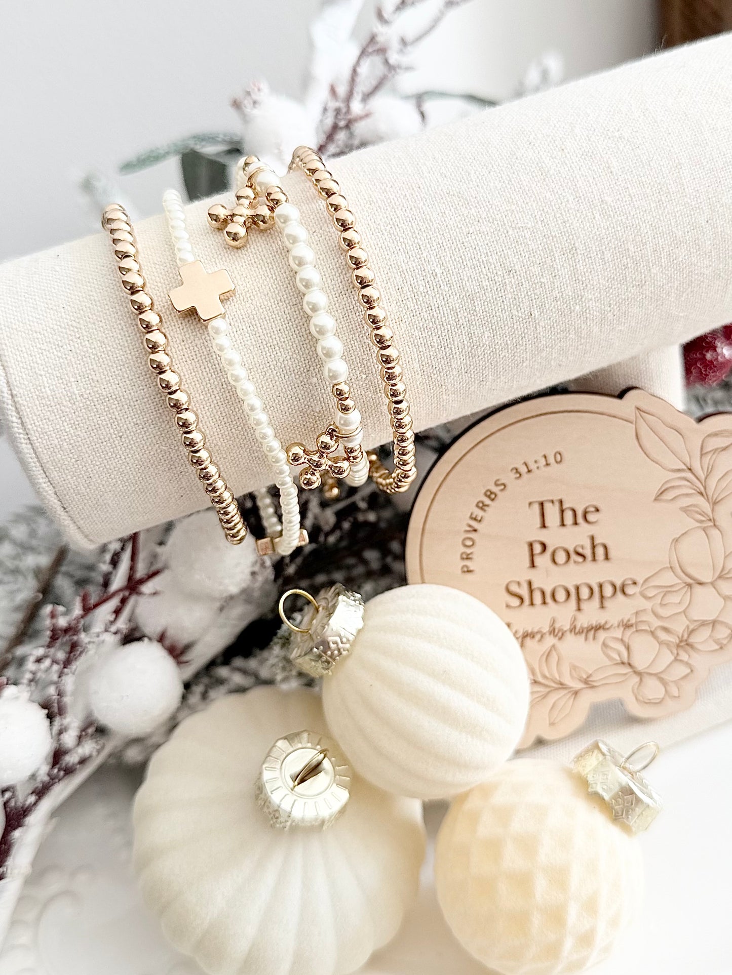 Petite Pearl + Gold Cross Dangle Stack