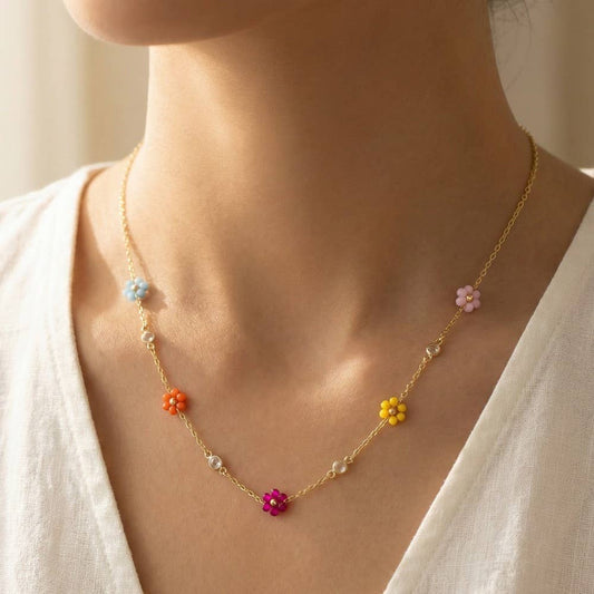 Multi Colored Faceted Beaded Flower Beaded Necklace