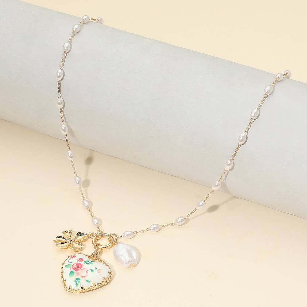Blush Garden Heart Pearl Charm Necklace