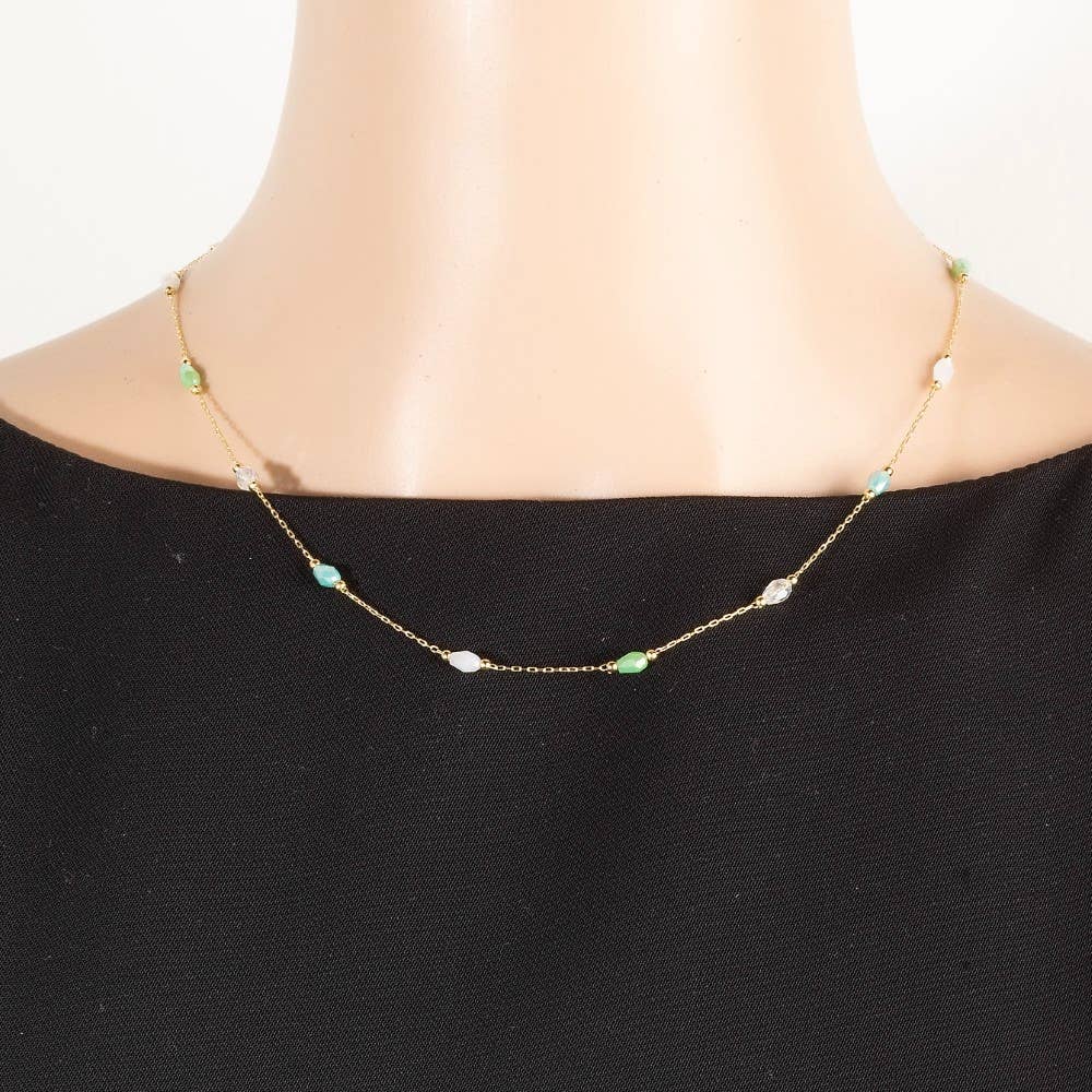 Pastel Mint, Blue + White Oval Faceted Glass Station Chain Necklace