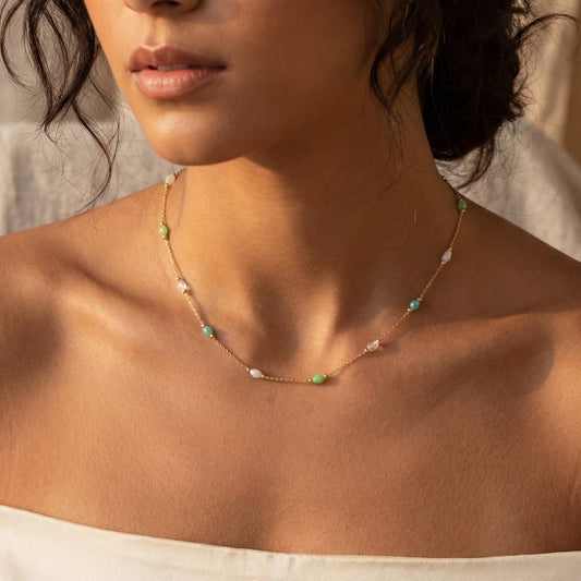 Pastel Mint, Blue + White Oval Faceted Glass Station Chain Necklace