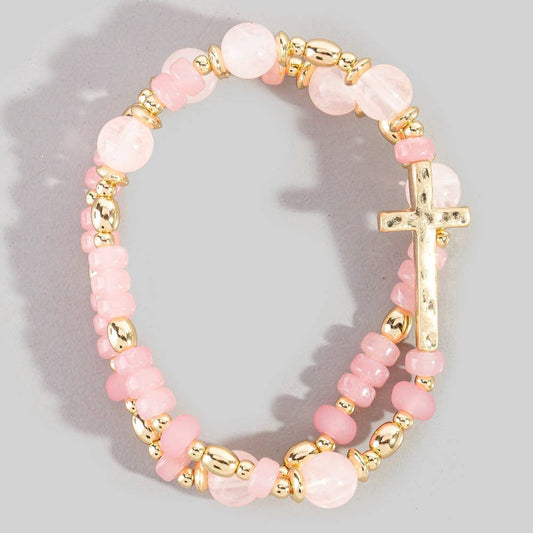 Blush Pink Cross Beaded Bracelet Stack